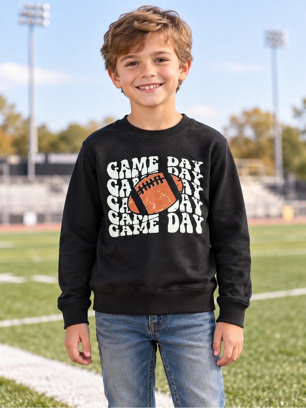 Black Game Day Football Graphic Crewneck Sweatshirt Youth Size 130 (US 7/8)